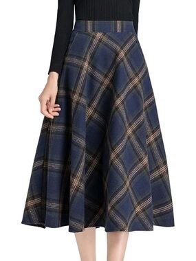 Plaid Midi Skirt in Navy and Brown
